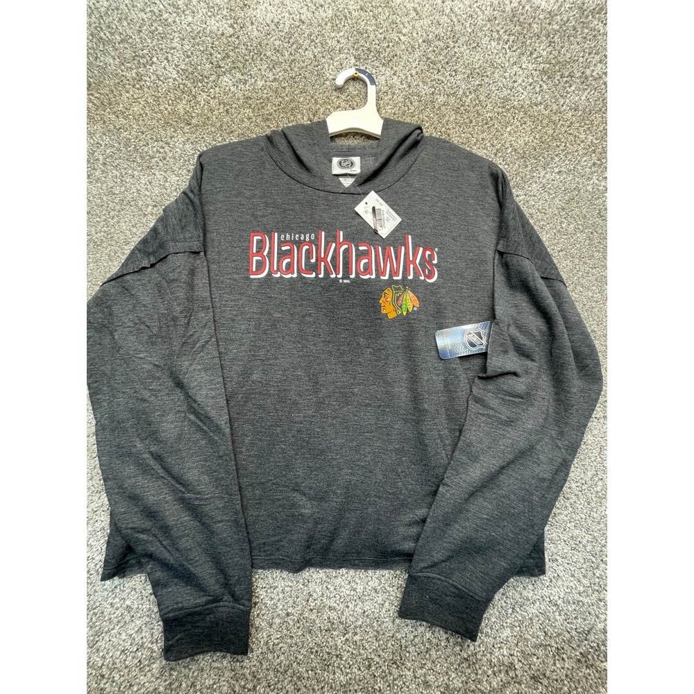 NHL Chicago Blackhawks Hooded Shirt Women L Gray NEW Graphic Long Sleeve